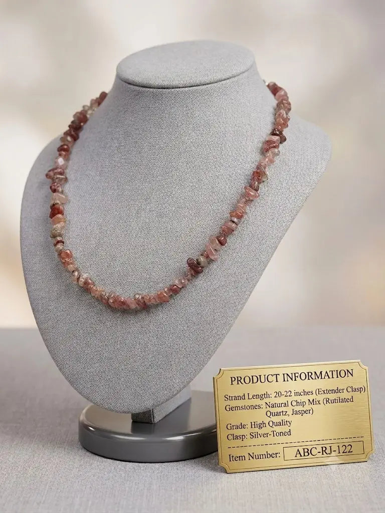 Natural Chip Gemstone Necklace, Rutilated Quartz & Jasper Mix, Length 20-22 inches (adjustable), ABC-RJ-122